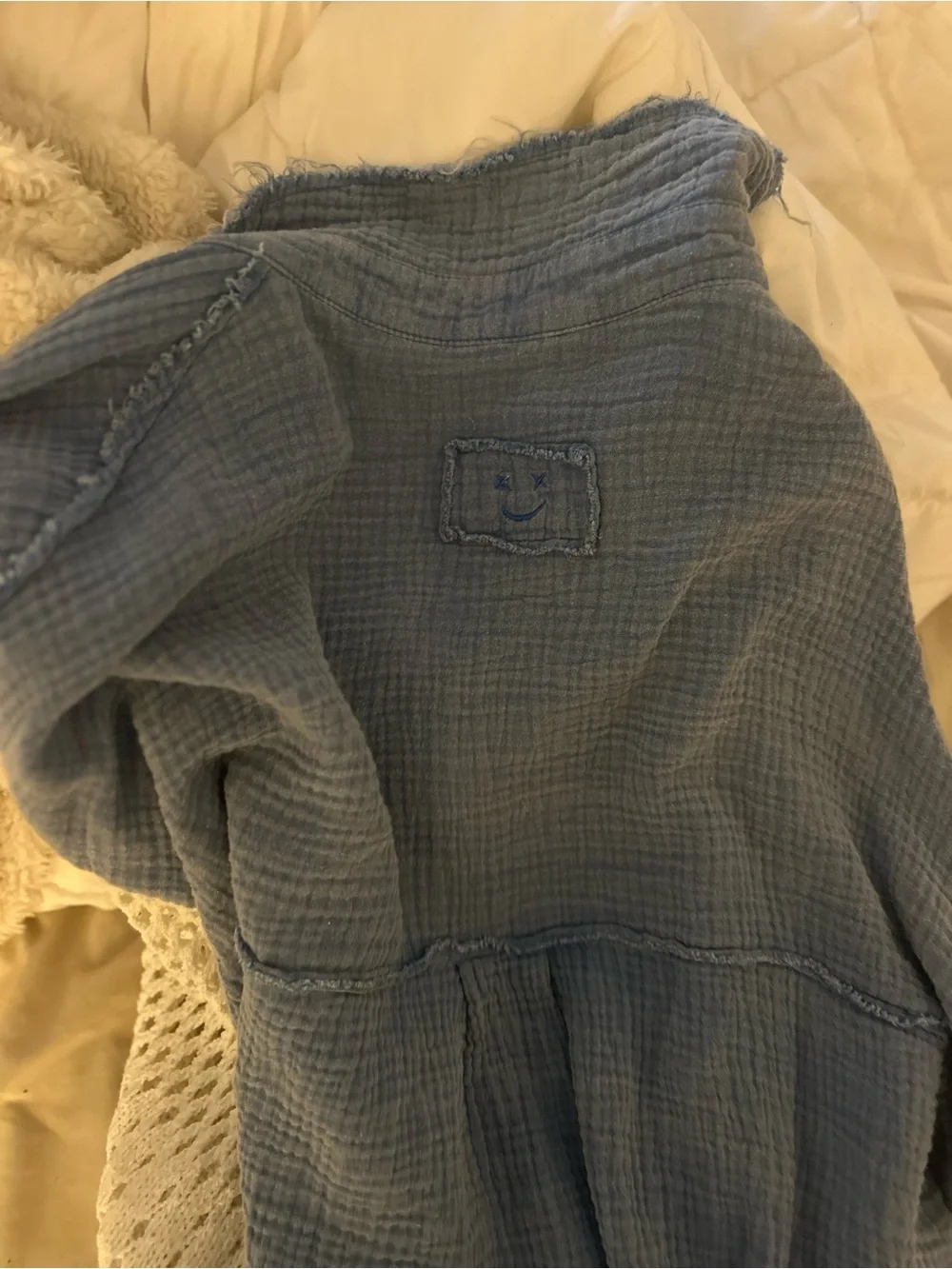 POL Clothing Blue Cotton Gauze Crochet Sleeve Button Up - Picture 6 of 8